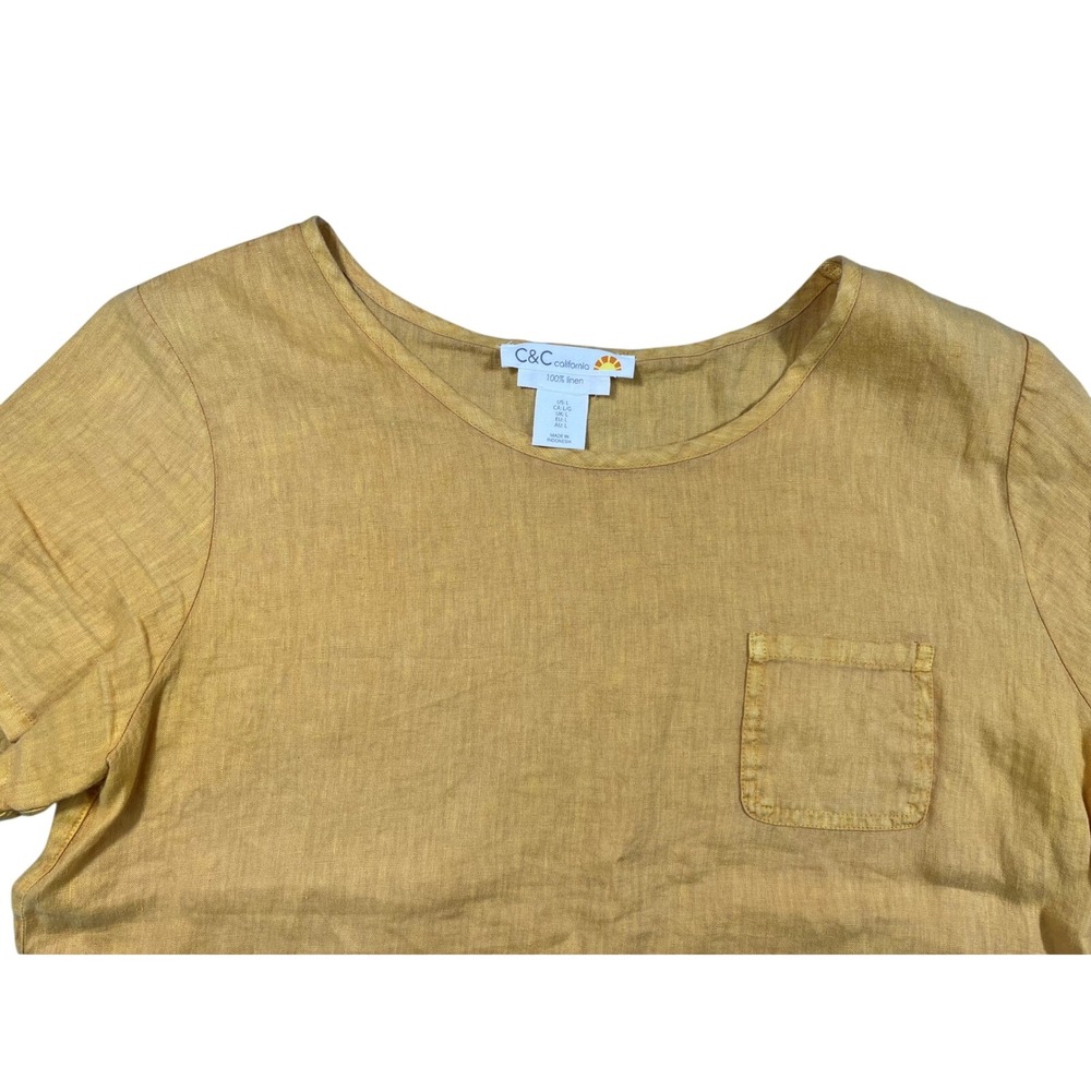 C&C California 100% Linen Mustard Yellow Pocket Tee Top Size Large - Picture 3 of 3